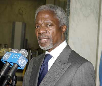United Nations Secretary General Kofi Annan speaks at a press conference at the United Nations in New York on February 4, 2005 where he discussed the interim report of the Independent Inquiry Committee into the United Nations Oil-for-Food Program and pledged to get to the bottom of the wrongdoing. The report was released on February 3, 2005. [Reuters]
