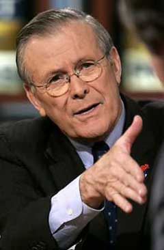 U.S. Secretary of Defense Donald Rumsfeld speaks on NBC's 'Meet the Press' television news program, February 6, 2005 in Washington, D.C. Rumsfeld talked about various issues including withdrawing the U.S. troops from Iraq. [Reuters