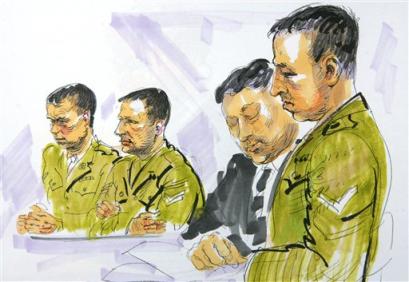 A courtroom drawing shows British soldiers Cpl. Daniel Kenyon, second left, Lance Cpl. Mark Cooley, left, and Lance Cpl. Darrien Larkin, right, in the courtroom of the British Court Centre in Osnabrueck, northern Germany, Friday, Feb. 25 2005. A military jury convicted three British servicemen on charges of involvement in abusing Iraqi civilians. The panel of seven senior officers found them guilty after a month-long trial at the British base in Germany. Name of the person, second right, is not available. [AP]