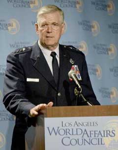 Gen. Richard Myers, chairman of the Joint Chiefs of Staff, makes remarks at a Los Angeles World Affairs Council luncheon, Friday, Feb 25, 2005, in Beverly Hills, Calif. (AP 