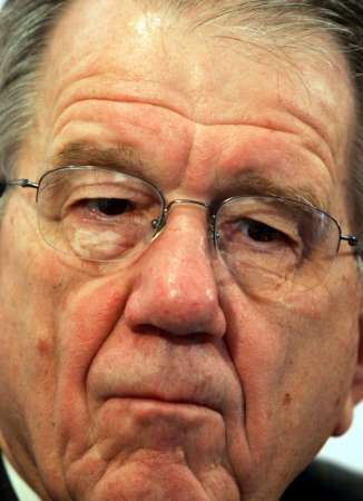 Chief Executive Harry Stonecipher looks on during a news conference in Madrid on February 17, 2005. Boeing Co. fired Stonecipher, saying his affair with a female executive broke company rules and damaged his leadership abilities. Picture taken on February 17, 2005.