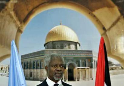 U.N. Secretary-General Kofi Annan (news - web sites) speaks at a news conference at the Palestinian Authority (news - web sites) headquarters in the West Bank city of Ramallah on March 14, 2005. Annan met Palestinian President Mahmoud Abbas on Monday and said the world was determined to nurture Middle East peace moves budding after years in deep freeze. (Oleg Popov/Reuters) 