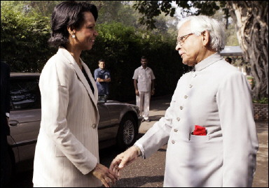 US Secretary of State Condoleezza Rice (left) is welcomed by Indian Foreign Minister Natwar Singh prior to a meeting in New Delhi on Wednesday. [AFP]