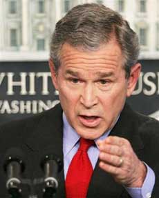 US President Bush speaks during a news conference, Wednesday, March 16, 2005, in the Brady Press Briefing Room at the White House. [AP] 