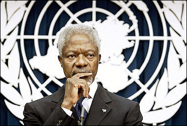 UN Secretary General Kofi Annan holds a press conference following an address to the UN General Assembly at UN headquarters in New York. Annan's son, Kojo Annan, received at least 300,000 dollars from a former employer Cotecna, a Swiss inspections concern involved in the UN Oil for Food program. [AFP/File]