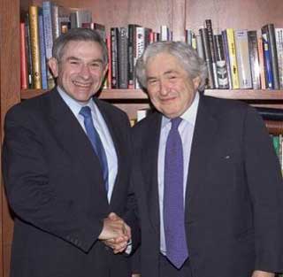 Photo provided by the World bank shows current World Bank President James D. Wolfensohn, right, greeting World Bank President-designate Paul Wolfowitz prior to a meeting at World Bank in Washington, Thursday, March 31, 2005. (AP 