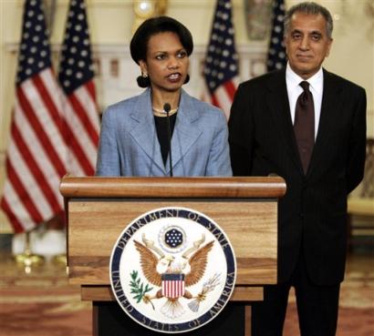 Secretary of State Condoleezza Rice, left, introduces Zalmay Khalilzad, Tuesday, April 5, 2005 at the State Department in Washington. Khalilzad, a former White House official who has served as U.S. ambassador in his native Afghanistan, was named Tuesday to take over the post in Iraq. (AP Photo/Haraz Ghanbari) 