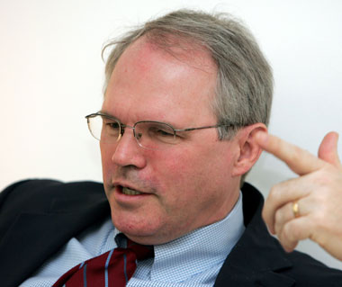 Assistant Secretary of State for East Asian and Pacific Affairs, Christopher Hill, answers questions during an interview with Reuters at the U.S. embassy in Seoul April 11, 2005. Hill said on Monday the United States has not set a deadline for North Korea to return to nuclear talks, and it will offer no concessions to bring it back to the table. 