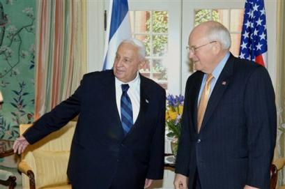 In this photo made available by the Israeli Government Press Office Wednesday April 13, 2005, Israeli Prime Minister Ariel Sharon, left, meets with U.S. Vice President Dick Cheney at the White House in Washington Tuesday April 12, 2005. Sharon discussed with Bush administration officials concerns that leaders in both countries have about Iran's purported nuclear threat, an Israeli official said. (AP Photo/Avi Ohayon, Government Press Office) 