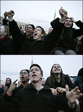 Combo shows on top people celebrating thinking the smoke is white and after reacting as the smoke turned black as it rose from the chimney of the Sistine Chapel meaning that cardinals failed to elect a new pope in the first ballot of their secret conclave at the Vatican City.(AFP