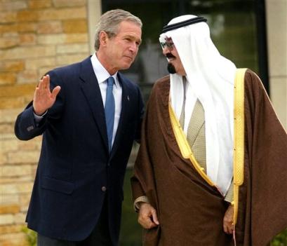 President Bush, left, talks and greets Saudi Crown Prince Abdullah, right, during his arrival at Bush's ranch in a Thursday, April 25, 2002 photo in Crawford, Texas. Sky-high oil prices and the prickly issues of terrorism and democracy in the Middle East could provide tense moments between old friends when Crown Prince Abdullah visits President Bush at his Texas ranch Monday, April 25, 2005. (AP Photo/Pablo Martinez Monsivais, File