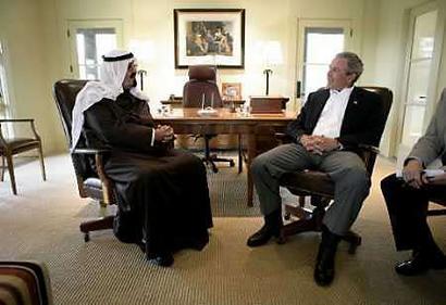 President George W. Bush (R) meets with Saudi Crown Prince Abdullah Monday, April 25, 2005, at the President's ranch in Crawford, Texas. Photo by Pool/Reuters 