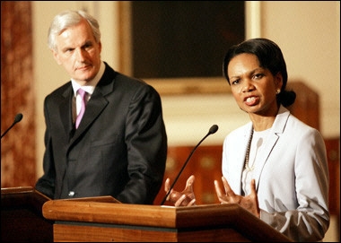 US Secretary of State Condoleezza Rice and French Foreign Minister Michel Barnier (L). The United States has 'significant deterrent capability' to thwart North Korea's nuclear ambitions, Secretary of State Condoleezza Rice warned.(AFP
