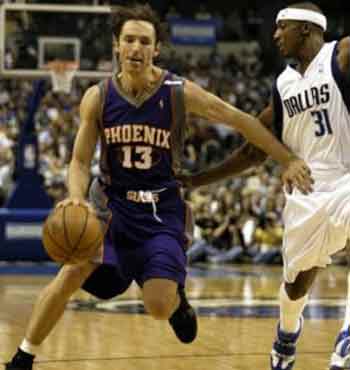 Phoenix Suns' Steve Nash (13) drives the ball around Dallas Mavericks' Jason Terry in Game 3 of the second round of the NBA playoffs in Dallas, Friday, May 13, 2005. (AP