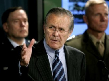 U.S. Secretary of Defense Donald Rumsfeld speaks with reporters, Thursday, May 12, 2005, in Washington, D.C. Rumsfeld indicated on Thursday that his list of proposed base closings and consolidations is shorter than originally foreseen, and he said the changes, if approved, would save the government an estimated $48.8 billion (euros 38.4 billion) over a 20-year period. (AP