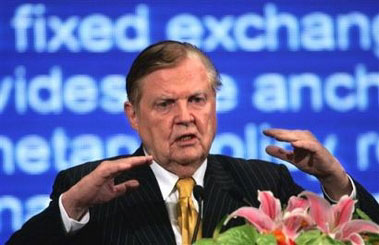 Nobel prize laureate Robert A. Mundell of Canada argues against a revaluation of the Chinese Renminbi (RMB) during a speech for the Nobel Laureates Beijing Forum 2005 at the Great Hall of the People in Beijing, China, Monday, May 30, 2005. 12 Nobel prize economic laureates will talk about issues ranging from the currency, longevity, politics and economic growth during the three-day event. (AP 