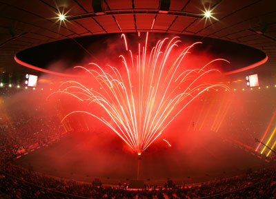 Fireworks explode at the new Allianz-Arena in Munich