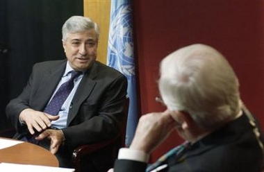 In this photo released by the United Nations, Joseph Stephanides, left, director of Security Council Affairs, speaks on the U.N. talk show 'World Chronicle' at U.N. headquarters in New York Thursday, April 17, 2003. Stephanides was fired by Secretary-General Kofi Annan on Tuesday, May 31, 2005 for 'serious misconduct' in the oil-for-food scandal. (AP