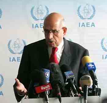 International Atomic Energy Agency (IAEA) Director General Mohammed Elbaradei gestures as he briefs the media after an IAEA board of governors meeting in Vienna June 13, 2005. (Herwig Prammer/Reuters) 