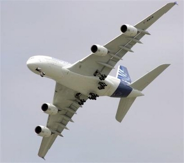 An Airbus A380 super jumbo performs in a demonstration flight at the 46th International Paris Air Show at Le Bouget airport, north of Paris, Thursday, June 16, 2005. (AP 