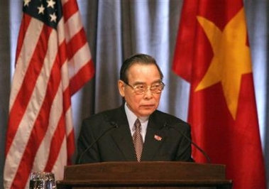 Vietnam Prime Minister Phan Van Khai listens to questions during a news conference in Seattle, Sunday, June 19, 2005 for his first stop of a week long visit to the U.S.