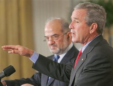 President Bush and Iraqi Prime Minister Ibrahim al-Jaafari, left, hold a joint press conference in the East Room of the White House, Friday, June 24, 2005, after their meeting in Washington. (AP 