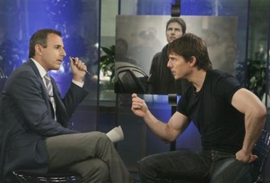 In this photo released by NBC, feature film star Tom Cruise, right, gestures toward talk show co-host Matt Lauer during the telecast of NBCs Today Show, Friday, June 24, 2005.
