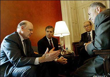 L-R: US Treasury Secretary John Snow meets with Senator Lindsey Graham, R-SC, Federal Reserve Chairman Alan Greenspan and Senator Chuck Schumer, D-NY about China trade policy(AFP