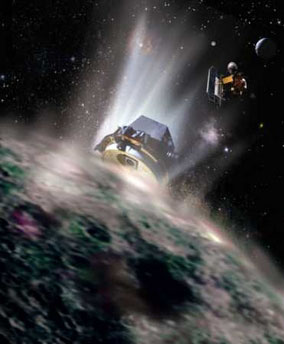 An undated artist conception image released recently by Ball Aerospace and Technologies Corp. shows the Deep Impact Impactor spacecraft (L) hurtling towards its planned impact on the comet Tempel 1, after being released from Deep Impact spacecraft (R). NASA expects the Deep Impact spacecraft to release the impactor towards the comet on July 3, 2005, and the Deep Impact spacecraft will then take images of the impact and debris cloud when the event occurs a few hours later. 