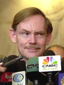 U.S. Undersecretary of State Robert Zoellick at a press conference after his meeting with Egyptian Foreign Minister Ahmed Aboul Gheit in Cairo Wednesday July 13, 2005. (AP