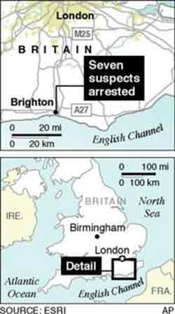 Map locates Brighton, England, where police have arrested seven suspects in connection with the failed July 21 bombing. (AP
