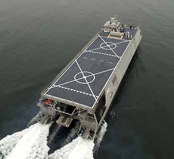 The Littoral Surface Craft-Experimental LSC(X), developed by the Office of Naval Research and christened Sea Fighter (FSF 1), arrives at her new homeport of San Diego California, August 1, 2005. This high speed aluminium catamaran will test a variety of technologies that will allow the Navy to operate in littoral waters. With a base crew of 26, Sea Fighter will also provide a platform for the evaluation of minimum manning concepts on future naval surface ships. REUTERS