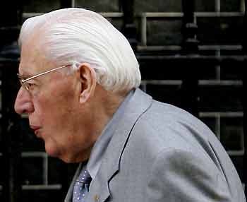 Leader of Northern Ireland's Democratic Unionist Party, Ian Paisley, arrives for talks with Britain's Prime Minister Tony Blair at 10 Downing Street in London, August 4, 2005.