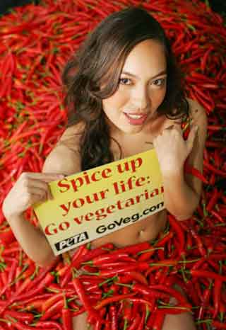 Philippine model Isabel Roces displays a placard promoting vegetarian food as she poses with 250 kg of chillies during a photo shot for People for the Ethical Treatment of Animals (PETA) in Bangkok, August 24, 2005. [Reuters] 