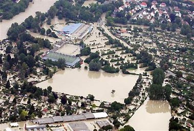 The aerial view shows a flooded part of Neu-Ulm, southern Germany, Wednesday, Aug. 24, 2005. Rescue workers, some using helicopters, evacuated hundreds of people Tuesday from flood-stricken areas of Austria and southern Germany and built sandbag barriers along swollen rivers as heavy rains and landslides battered central and southern Europe.