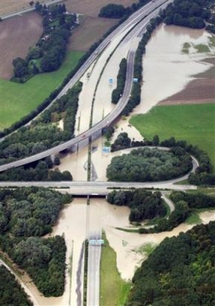 The aerial view shows a flooded part of Neu-Ulm, southern Germany, Wednesday, Aug. 24, 2005. 