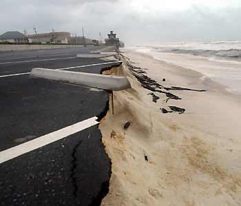 A view of a parking lot that has fallen into the ocean at the beach after hurricane Katrina struck in Destin, Florida August 29,2005.
