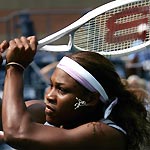Serena Williams of the United States follows through on a return to Chan Yung-Jan of Taiwan at the U.S. Open tennis tournament in New York, August 29, 2005. 