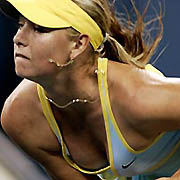 Maria Sharapova of Russia serves to Eleni Daniilidou of Greece during their match at the U.S. Open tennis tournament in Flushing Meadows, New York August 29, 2005. Sharapova defeated Daniilidou 6-1 6-1. [Reuters]