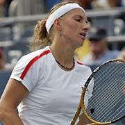 Defending champion Svetlana Kuznetsova of Russia reacts during her match with Ekaterina Bychkova of Russia at the US Open tennis tournament in New York Monday Aug. 29, 2005.