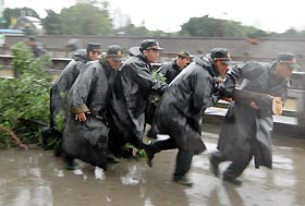 Soldiers brave strong winds and heavy rains to remove trees toppled by typhoon Talim on the streets of Fuzhou, capital of East China�s Fujian Province, yesterday.					 Xinhua