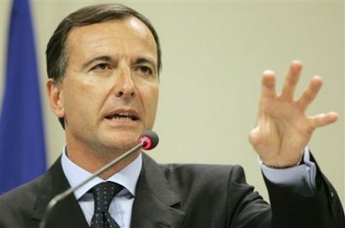 European Union Commissioner for Justice, Freedom and Security Franco Frattini gestures during a media conference at the EU Commission headquarters in Brussels, Thursday Sep.1, 2005.