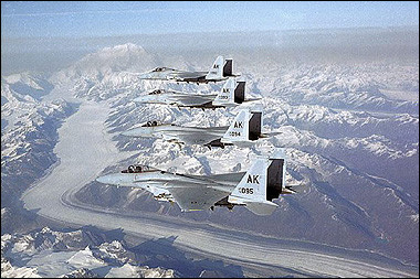 US F-15 Eagle warplanes fly in an undisclosed location.