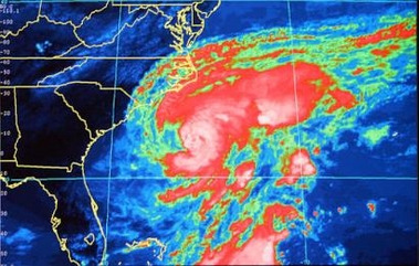 An infrared satellite image of Hurricane Ophelia is seen at the National Hurricane Center, Saturday, Sept. 10, 2005, in Miami.