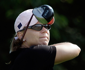 European Solheim Cup member Annika Sorenstam of Sweden watches her drive from the seventh tee in the final round of match play at Crooked Stick Golf Club in Carmel, Indiana, September 11, 2005. 