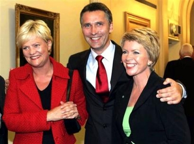 Labour Party leader Jens Stoltenberg pictured in the House of Parliament in Oslo, Norway, Monday Sept 12 2005 with Kristin Halvorsen (left), leader of the Socialist left Party and and Aslaug Haga (right), leader of the Centre Party. Following the Norwegian parliamentary elections preliminary results are pointing in the direction of a new government formed from a socialist coalition of these three parties. ( AP