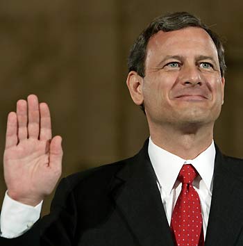 U.S. Chief Justice nominee John Roberts is sworn-in to testify at his senate judiciary committee confirmation hearing in Washington September 12, 2005. The U.S. Senate Judiciary Committee opened its first Supreme Court confirmation hearing in 11 years on Monday with its top Republican and Democrat vowing a close examination of chief justice nominee John Roberts. [Reuters]