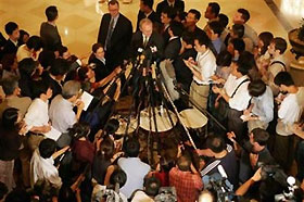 .S. Assistant Secretary of State for East Asian and Pacific Affairs and top U.S. negotiator for the six-party talks Christopher Hill speaks to journalists at China World Hotel in Beijing September 14, 2005. 
