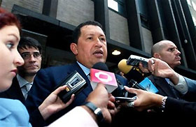 President Hugo Chavez of Venezuela speaks to the media outside the Venezuelan Mission in New York on Friday, Sept. 16, 2005. 