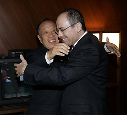 Li Zhaoxing, left, Foreign Minister of China met today at the UN with Israeli Foreign Minister Silvan Shalom, right. The ministers are at the UN as part of the World Summit and the General Assembly marking 60 years of UN activities Monday, Sept. 19, 2005.